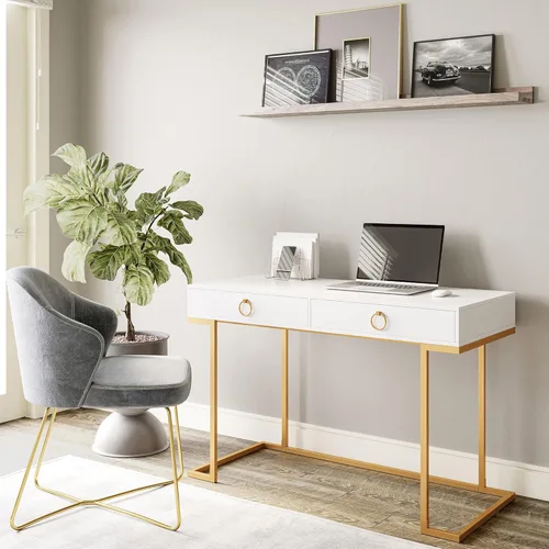 Miniatura 3 de BELLEZE Mesa de Tocador con 2 Cajones, Escritorio para Computadora de 45 Pulgadas, Mesa de Maquillaje Moderna, Mesa de Vestir, Escritorio para Blanco
