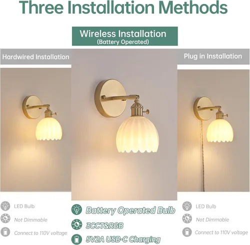 Miniatura 3 de Shenmoyl Aplique de pared vintage a pilas con bonita pantalla de vidrio de tulipán blanco, inalámbrico, recargable, luz de pared funciona