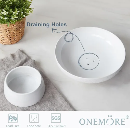 Miniatura 4 de ONEMORE Frutero de cerámica de 10 pulgadas, tazón grande de pedestal blanco con diseño de patas extraíbles y agujeros de drenaje para encimera