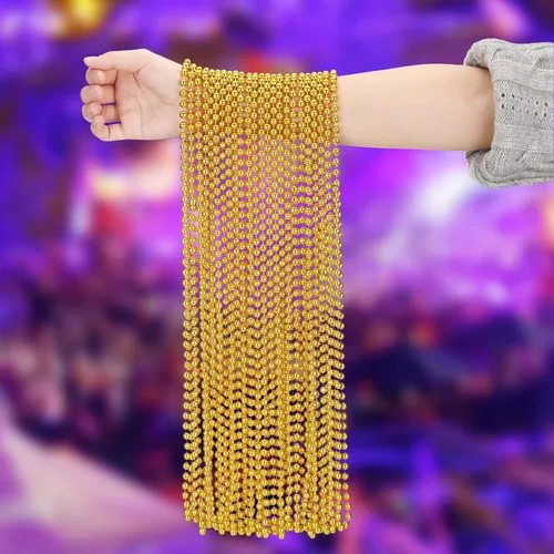 Miniatura 3 de Junkin 24 collares de cuentas amarillas de Mardi Gras de oro de 33 pulgadas y 0.276 in metálicos para fiesta, guirnalda a granel, accesorio