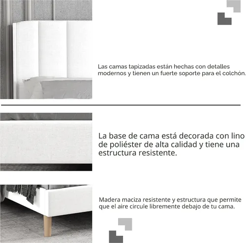 Miniatura 5 de Marco de Cama de Plataforma Tapizada Tamaño Full con Cabecero, Soporte de Listones de Madera Resistentes Sin Necesidad de Somier Montaje Fácil Lino