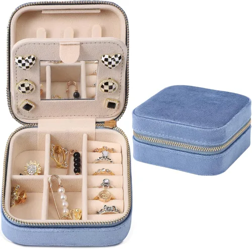 Dajasan Joyero de viaje de terciopelo, mini estuche de joyería de viaje, pequeña caja organizadora de joyas de viaje portátil con espejo para
