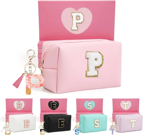 Miniatura 98 de AIBFRID 2 piezas de bolsas de maquillaje iniciales para mujeres, regalos de cumpleaños para niñas de 4 5 6 7 8 9 10 11 12 años, bolsas de cosméticos