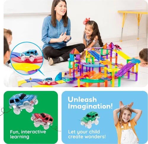 Miniatura 5 de PicassoTiles Juego de 3 autos de juguete magnéticos con luz LED, altamente detallado, compatible con imán, carreras, pistas de carreras, accesorios