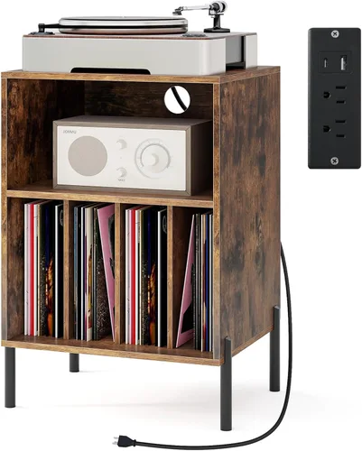 Miniatura 11 de Tangkula Soporte para tocadiscos, mesa auxiliar giratoria con estación de carga y armario de almacenamiento de discos de vinilo con capacidad