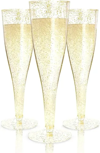 Miniatura 20 de Prestee 48 Copas de Champán de Plástico Desechables con Borde Dorado con Purpurina - Vasos Transparentes para Brindis de Mimosa, Fiesta de Año Nuevo