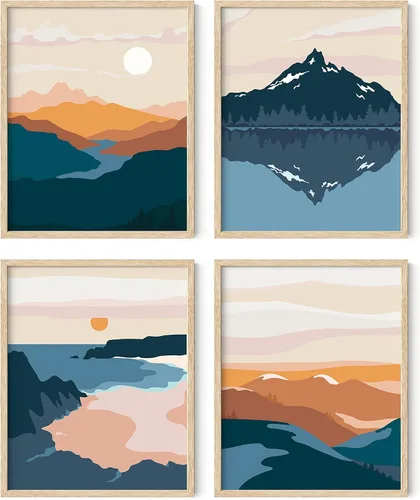 Miniatura 25 de HAUS AND HUES Arte de pared de montaña – Juego de 4 decoración de paisaje moderno de mediados de siglo, naturaleza y arte moderno Marco beige de 8