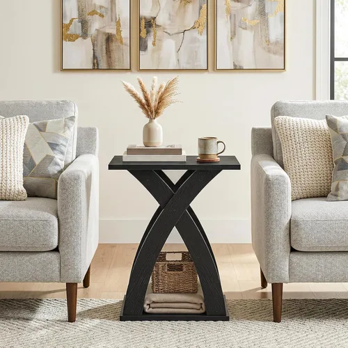 Miniatura 5 de HOOBRO Mesa auxiliar para sala de estar, mesa auxiliar estrecha para espacios pequeños, mesa auxiliar negra de 3 niveles con estante