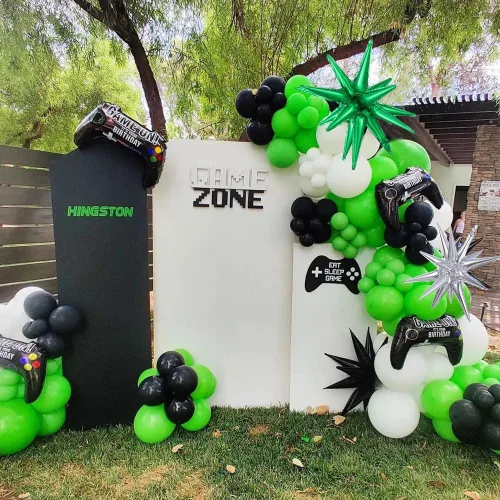 Miniatura 5 de Kit de guirnalda de arco de globos de videojuegos, 144 unidades, color verde, negro y plateado, estrella explosiva, globos de Mylar para niños