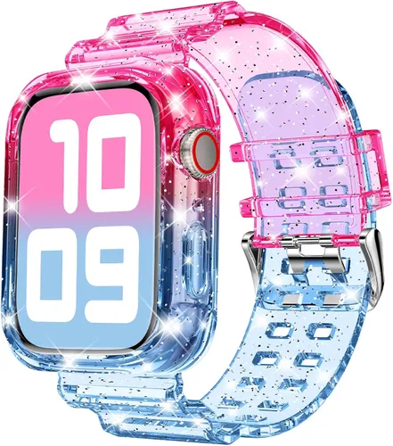 DABAOZA - Correa compatible con Apple Watch de 49 mm, 46 mm, 45 mm, 44 mm, 42 mm, 41 mm, 40 mm, 38 mm, con protector, correa de TPU brillante para