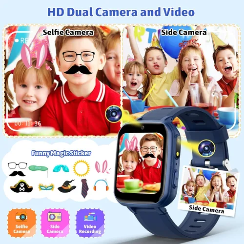 Miniatura 4 de zicor Reloj inteligente para niños con 26 juegos de rompecabezas, cámara dual, reproductor de música, podómetro, grabadora de video, linterna, reloj