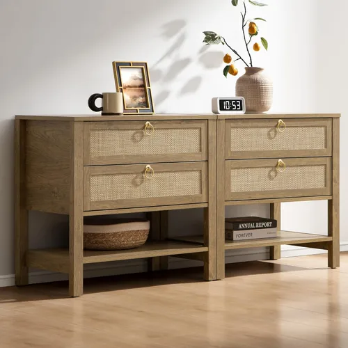 Miniatura 10 de Sicotas - Mesita de noche con cajones y estante de almacenamiento - Gran mesita de noche de ratán, decoración boho, mesita de cabecera estrecha