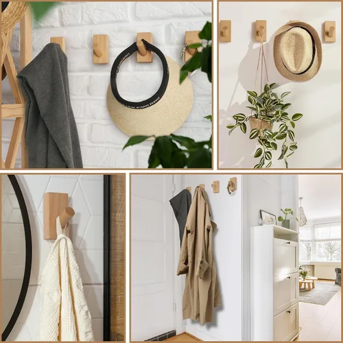 Miniatura 3 de Paquete de 4 ganchos de madera para pared, de madera natural, ahorro de espacio, sin daños, adhesivos para entrada, dormitorio, puerta de cocina