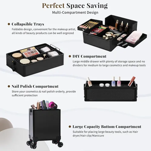 Miniatura 7 de Estuche Profesional de Maquillaje Enrollable con Tapa, Estuche de Cosmetología 5 en 1 con Ruedas, Organizador de Equipaje Cosmético Grande