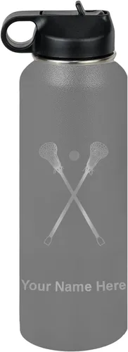 Miniatura 35 de LaserGram Botella de agua personalizada, palitos de lacrosse, acero inoxidable de doble pared aislada al vacío con popote superior, regalo grabado