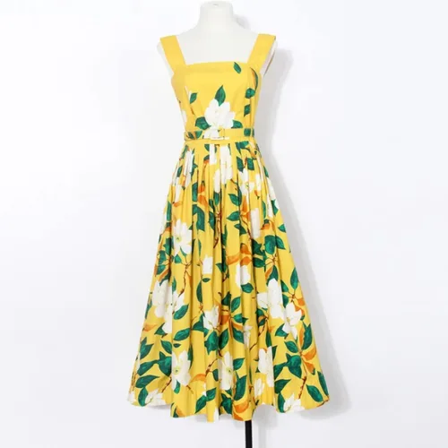 Miniatura 5 de Elegamt - Vestido largo con estampado floral y flores amarillas, vestido largo midi con cinturón