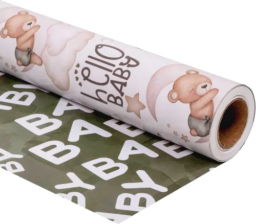 Miniatura 13 de Dtiafu Papel de regalo para baby shower para bebé niño – 12 hojas de papel de regalo azul bebé con patrón de oso estrella, pastel, luna y dulces