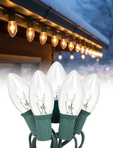 Miniatura 14 de Luces de Navidad C9 rojas y blancas de 25 pies, cadena de luces de Navidad C9 impermeables con 26 bombillas rojas y blancas, luces de Navidad Luz