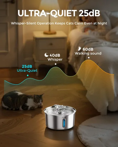 Miniatura 5 de Invengo Fuente de agua para gatos de acero inoxidable de 3.2L/108 onzas, fuente automática para mascotas para gatos y perros, bomba ultra silenciosa