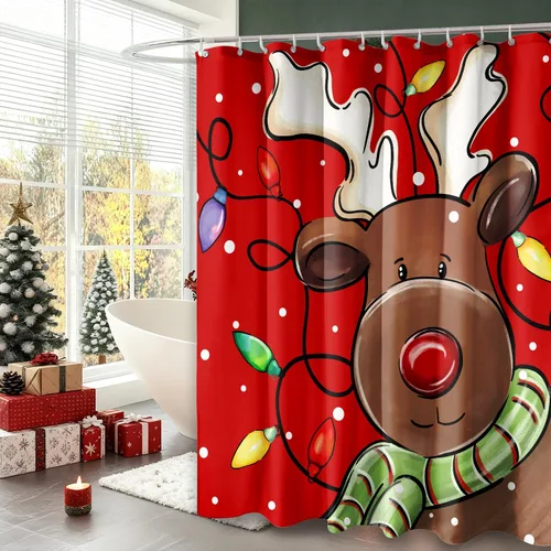 Miniatura 6 de Cortina de Ducha Feliz Navidad 72x72 Pulgadas Cortinas de Ducha de Reno Navideño para Baño con Ganchos Decoración Navideña de Baño Hogar Vacaciones