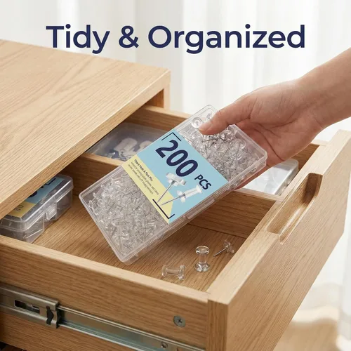 Miniatura 7 de Paquete de 200 pasadores transparentes y tachuelas para pulgar, cabeza plana transparente para tablón de anuncios, punta de acero resistente y caja