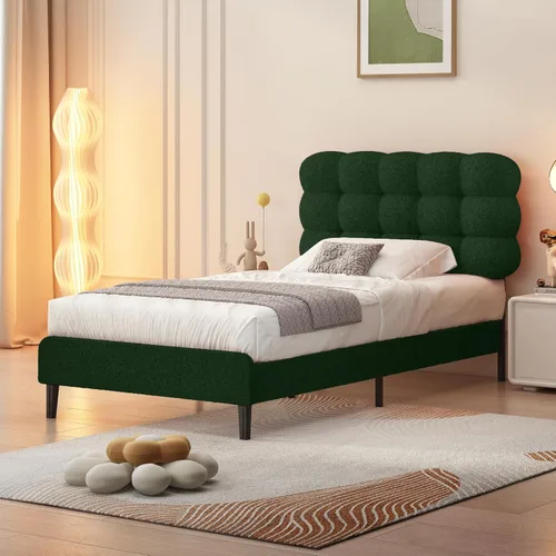 Miniatura 15 de Base de cama individual BarnFurin, cama plataforma con cabecero tapizado, base de cama de tela de bouclé suave con soporte de listones de madera