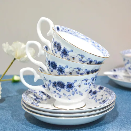 Miniatura 6 de Juego de té de porcelana de hueso, juego de té de porcelana de 21 piezas para adultos, tazas de té y platillos para 6, con tetera, cucharas, Azul