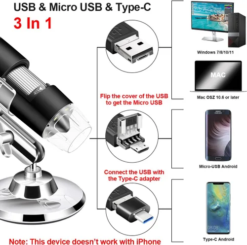Miniatura 2 de Microscopio USB con cámara y soporte y estuche de transporte, microscopio digital Cainda compatible con Android, Windows, Linux, Mac, lupa portátil