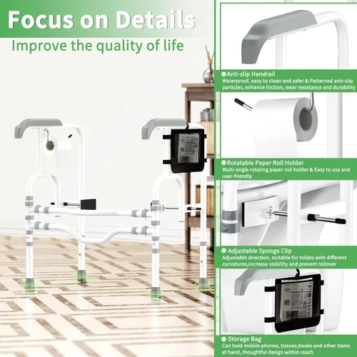 Miniatura 5 de Rieles de seguridad plegables para inodoro para personas mayores, marco de seguridad de inodoro ajustable en altura, riel de baño resistente
