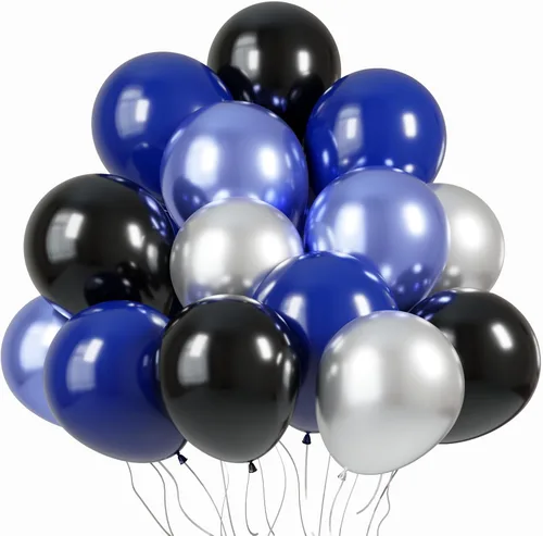 KBZVNAF Globos de látex negro, azul y plateado, paquete de 60 globos de fiesta de 12 pulgadas, azul real, negro, azul metálico, plateado para
