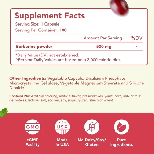 Miniatura 2 de Suplemento de berberina de alta resistencia de 500 mg – Una vez al día potente berberina 500 mg Suplemento antioxidante de quercetina