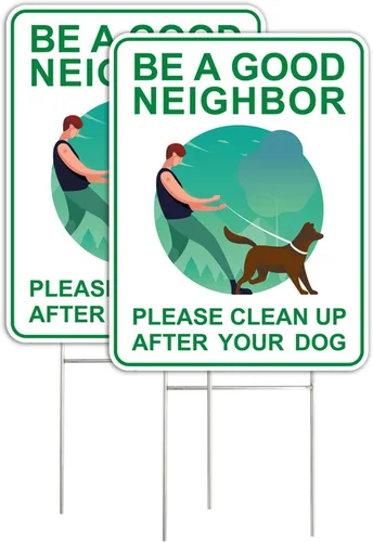 Letreros de "Clean Up After Your Dog" (2 unidades, 9 x 12 pulgadas) con estacas en H de metal, doble cara, carteles de césped sin excremento de Verde