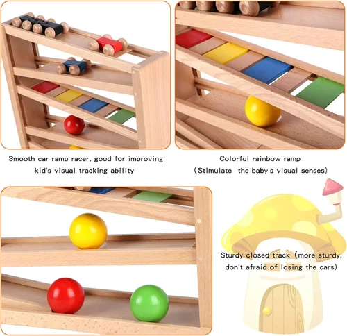Miniatura 3 de Qilay Juguete de carreras de madera para niños pequeños, juego de rampa de coche de carreras de 5 niveles incluye 4 autos de madera y 3 pelotas