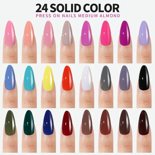 Miniatura 2 de FANDAMEI - Uñas de presión, 576 uñas postizas en 24 colores, uñas acrílicas de almendra de longitud media, cobertura completa, brillantes
