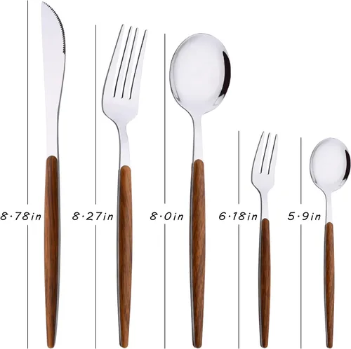 Miniatura 2 de Juego de cubiertos de acero inoxidable con mango de efecto de madera Cubiertos pulidos con espejo plateado, utensilios de cocina para el hogar