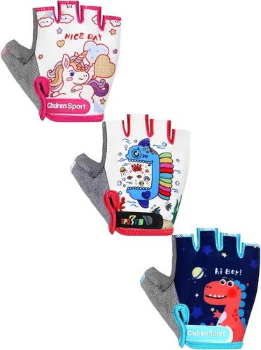 Miniatura 9 de SATINIOR - 3 pares de guantes de medio dedo para niños, guantes de ciclismo antideslizantes con gel, ajustables, para niñas y niños