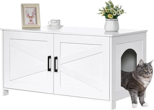 Miniatura 21 de Caja de arena para gatos Homhedy, mueble de baño de madera para gatos con puerta de granero, casa para mascotas, se adapta a la mayoría de las cajas