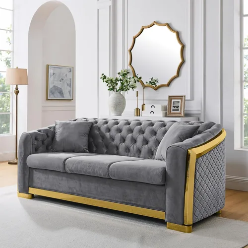 KEIKI Sofá Chesterfield de terciopelo de lujo de gran tamaño de 81 pulgadas con decoración de acero inoxidable dorado, sofá de 3 plazas estilo