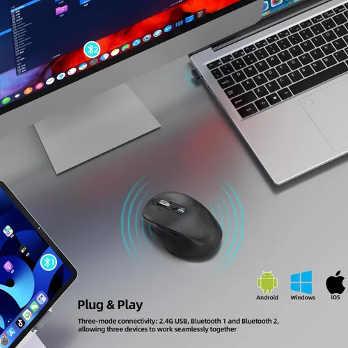 Miniatura 3 de INFINMIND Ratón Bluetooth inalámbrico, multidispositivo (BT1/BT2 + USB de 2.4 G) para laptop, iPad y Mac, desplazamiento de 4 vías con botones
