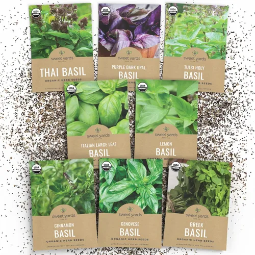 Paquete variado de semillas de albahaca orgánica, 8 paquetes individuales, temporada 2026, genovesas, tailandesas, limón, griegas, canela y mucho