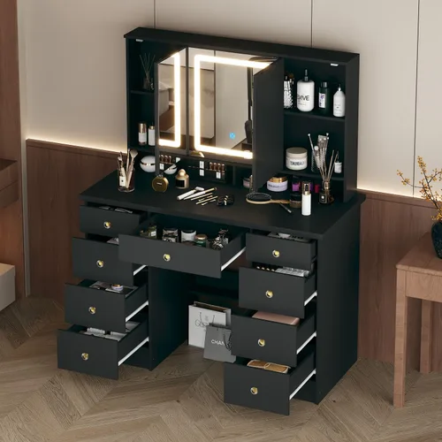 Miniatura 2 de MOUMON Escritorio de tocador de cristal con luces y 9 cajones, escritorio grande de maquillaje con 2 puertas de espejo, mesa de tocador con estantes
