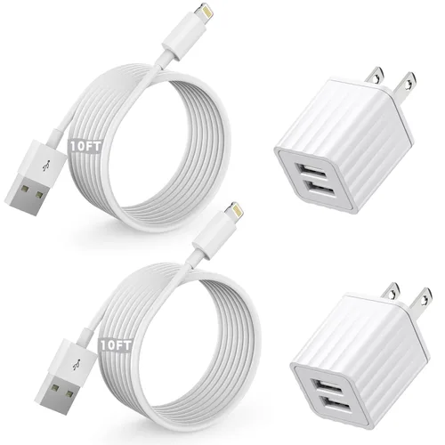 Cargador rápido para iPhone, cargador de pared de doble puerto, paquete de 2 [certificado Apple MFi] de carga rápida de 10 pies, cable Lightning