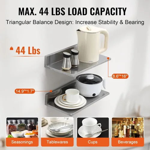 Miniatura 5 de VEVOR Estante de pared de acero inoxidable, 8.6 x 16 pulgadas, paquete de 2 con protector contra salpicaduras, soporta 44 libras, ideal para cocina