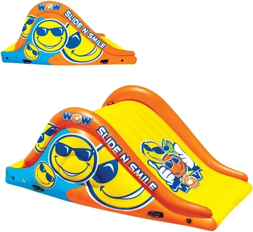 Wow Sports Slide N Smile Slide - Tobogán con diseño de cara feliz con 2 carriles, tobogán acuático flotante gigante para adultos y niños