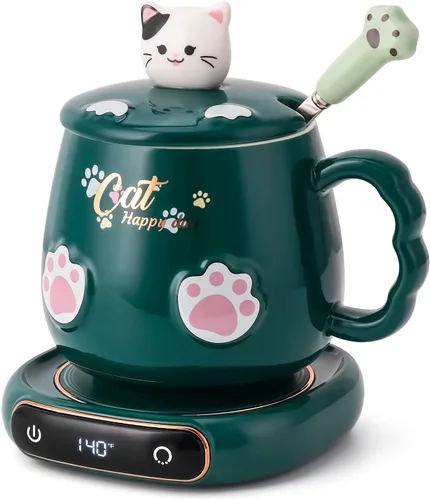 Miniatura 11 de Calentador de tazas de café y lindo juego de tazas de gato, calentador de tazas de bebidas para escritorio, oficina en casa con 4 ajustes