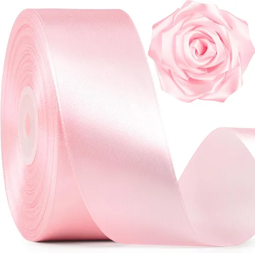 Mauproy Cinta de satén rosa bebé de 1-1/2 pulgadas de ancho, cinta de tela de poliéster sólido de 50 yardas para hacer rosas, envoltura de regalos,