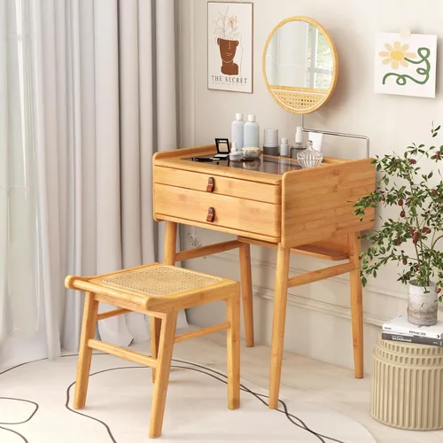 Miniatura 8 de Escritorio de tocador bohemio con espejo, mesa de tocador de maquillaje de bambú con 2 cajones de almacenamiento y mesa de vidrio templado, tocador
