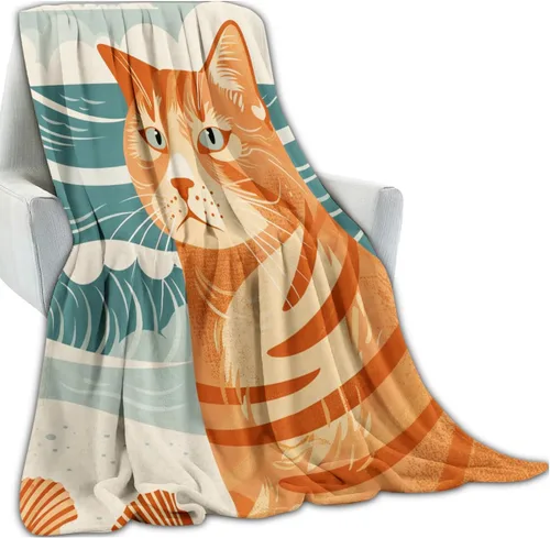 Miniatura 2 de Manta de gato atigrado naranja, manta de playa retro con diseño de conchas marinas para dormitorio, sala de estar, decoración de sofá, manta