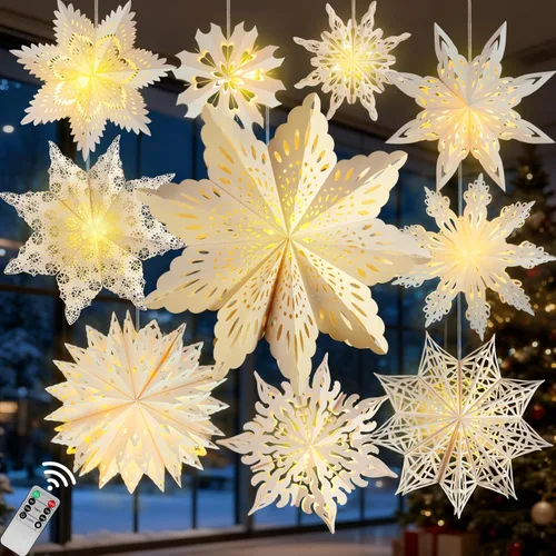 10 piezas de linternas de copo de nieve de papel de Navidad, grandes linternas de papel de estrella de Navidad con luces LED, adornos blancos
