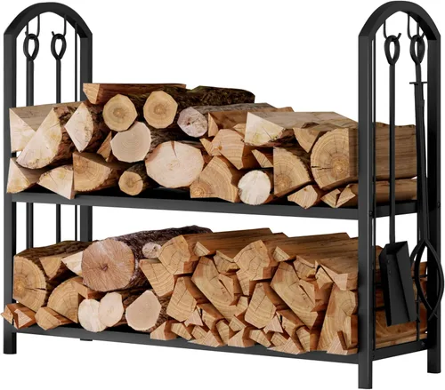 Miniatura 9 de Fire Beauty - Soporte para leña de chimenea con 5 piezas, soporte para troncos con juego de herramientas de 4 piezas, soporte para leña